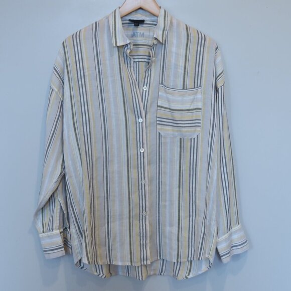 ATM linen stripe shirt white yellow button up long sleeve XS boyfriend vacation - Picture 1 of 10
